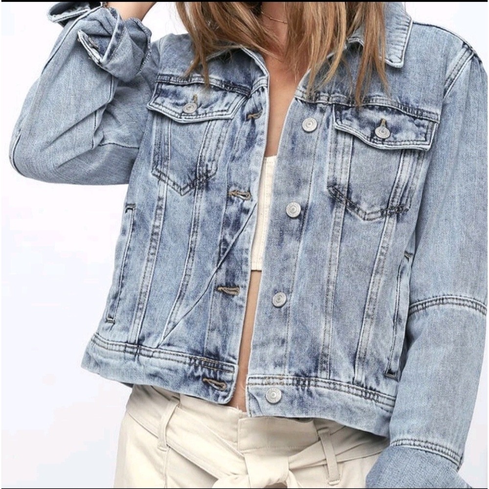 Free People Womens Light Wash Cropped Denim Trucker Jacket Blue XS